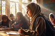 © Kevin S. - Muslim schoolgirl studying in classroom for academic lecture class public education system