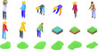 Green paddy terraces icons set isometric vector. Farm field. Cascade mount