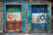 Flags of Iran and Israel painted on the doors of a community center, fostering dialogue and understanding among diverse groups. Concept of cultural exchange. Generative Ai.