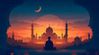 illustration of a man in front of mosque at night with crescent moon, Eid ul adha background