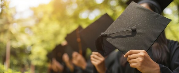 Poster - A closeup of the hands and gowns of students holding their black square-shaped graduation caps, symbolizing success in education Generative AI