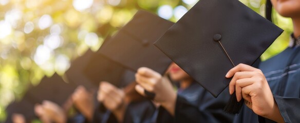 Canvas Print - A closeup of the hands and gowns of students holding their black square-shaped graduation caps, symbolizing success in education Generative AI
