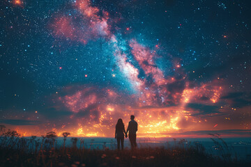 Canvas Print - Gazing at the stars together, marveling at the vastness of the universe and the depth of their love. Concept of cosmic connection and eternal romance. Generative Ai.