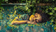 Gorgeous mural depicting sleeping girl surrounded by lush, vibrant foliage. artwork exudes tranquility and captures beauty of nature intertwined with innocence of sleep. Street art of graffiti artists