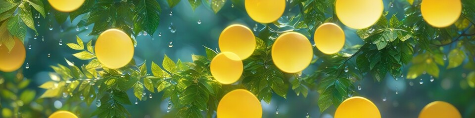 Wall Mural - Abstract colorful blurred illustration sun rays breaking through leaves on spring and midsummer morning, ecology theme, blurred bokeh background	
