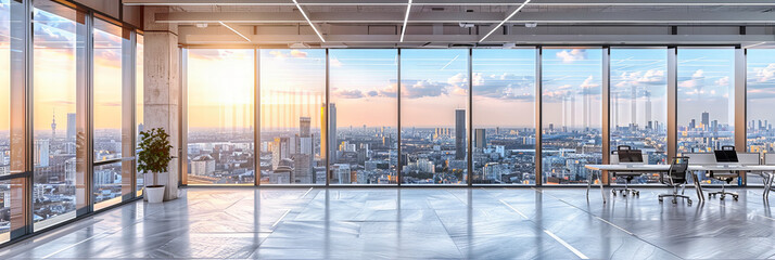 Wall Mural - Modern Office with Panoramic City View, Sleek Interior Design and Spacious Work Environment