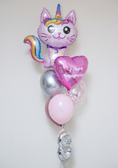 Wall Mural - cat unicorn balloon, pink balloons for children's birthday, inscription 