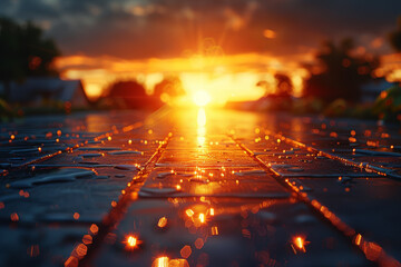 Poster - sunlight glistening on rows of solar panels, converting photons into electricity. concept of solar e