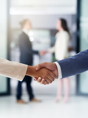 Poster - Meeting, deal and business people with handshake, partnership or interview for onboarding opportunity. Agreement, b2b teamwork and employees shaking hands for collaboration, welcome and cooperation.