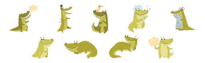 Poster - Cute Crocodile Character in Different Situation Vector Set