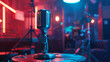 A music stage adorned with a vintage microphone, ready to relive the retro music era