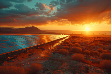 Poster - a desert landscape hosting a massive concentrated solar power plant, utilizing mirrors to generate h