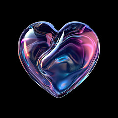 Wall Mural - Neon fluid forms liquid metallic heart shape isolated on black background.