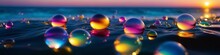 Abstract Colorful Illustration Of Transparent Soap Bubbles Floating In The Sea On The Background Of Sea Sunset. Background For Banner, Poster, Website Header, Place For Text.	