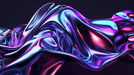 Fototapete - Neon fluid forms liquid metallic cloth shape isolated on black background.