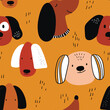 Vector seamless repeating childish pattern with cute dogs in Scandinavian style. Animals background with dog, pets, puppy for invitation, poster, card, flyer, textile, fabric