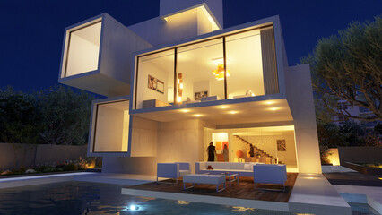 Wall Mural - Luxurious modern mansion with pool at twilight