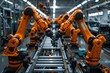 A car factory production line with robotic arms, a high-tech and futuristic atmosphere, a wide-angle lens capturing the entire workshop, modern design elements. Generative AI