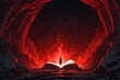 A person is standing in front of an open book in a red cave