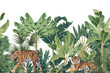 Tropical vintage botanical landscape, tiger animal, palm tree, banana tree, plant floral seamless border background. Exotic green jungle wallpaper.