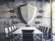 A boardroom discussion featuring a shield and arrows, where executives plan defensive strategies against potential market downturns