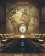 A boardroom with a giant map and a keyhole in the center, through which the future of international business is visible