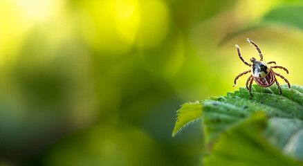 Close-up of a tick crawling on a leaf. Cope space