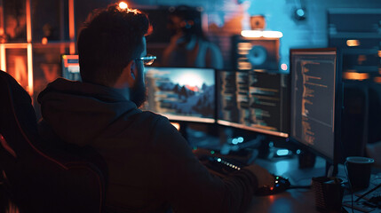 A man in the process of developing a game, focusing on the screens with the code