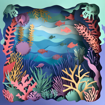 Paper art style illustration of Coral and fish underwater , Concept of marine life.