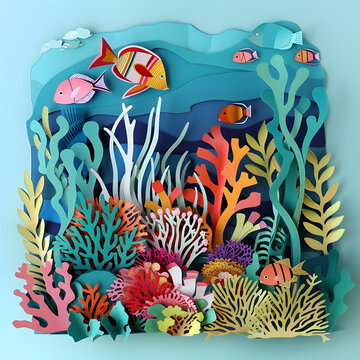 Paper art style illustration of Coral and fish underwater , Concept of marine life.