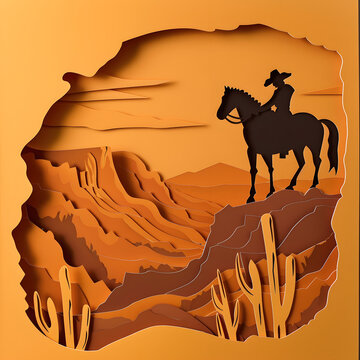 Paper art style illustration of Cowboy riding horse in desert background.