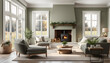 © Perecciv - Cozy cottage interior, warm and cozy living room in the English countryside with sage light walls and fluffy gray sofas, fireplace, large windows,