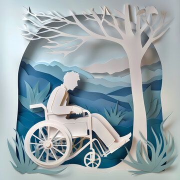 Paper art style illustration of disabled people with sitting in wheelchair on the park.