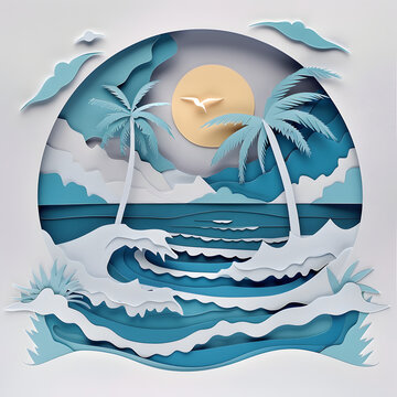 Paper art style illustration of the Island beach and sea , Concept of vacation during summer.
