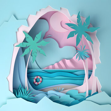 Paper art style illustration of the Island beach and sea , Concept of vacation during summer.