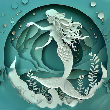 Paper art style illustration of Beautiful Mermaid under the sea.