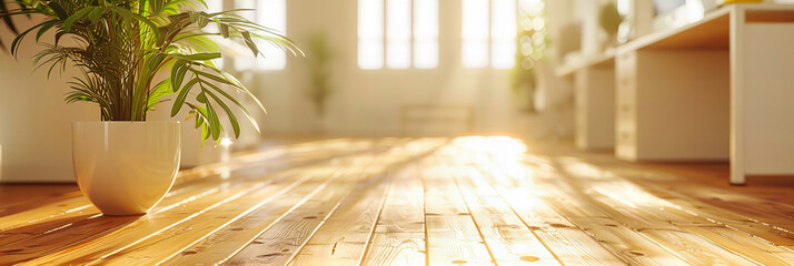 Wall Mural - Rustic Wooden Table Top, Bright Sunlight and Blurred Background, Ideal for Display or Product Presentation