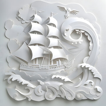 Paper art style illustration of Giant octopus kraken monster attacking pirate ship in the ocean.