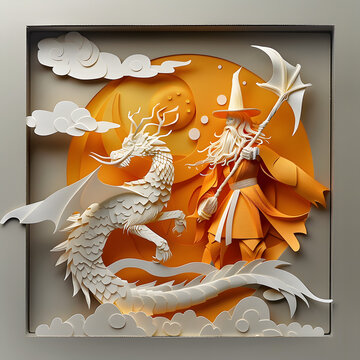 Paper art style illustration of Wizard face to Dragon , Concept of Mythology.
