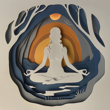 Paper art style illustration of Woman breathing and doing meditation with tranquil background.