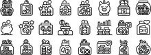 Money Box Tips Icons Set Outline Vector. Donation Savings. Can Pension