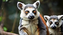 Ring-tailed Lemurs Gazing In Natural Habitat. Curious Lemurs With Striking Eyes In The Wild. Concept Of Wildlife, Conservation, And Natural Behavior. Motion