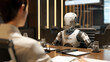 AI and Humans. Breaking barriers between humans and AGI, a humanoid robot engages in corporate strategy discussions in a modern office setting - Image made using Generative AI.