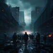 Illustrate a dystopian world with utopian undertones in a digital photorealistic style Blend horror elements seamlessly into the scene, emphasizing unexpected camera angles for a thrilling twist