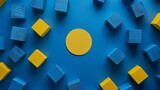Fototapeta  - A simple and vibrant composition featuring blue toy cubes and a yellow circle arranged on a dark blue backdrop