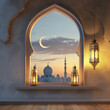 3d rendered photo of Eid al fitr poster template with mosque and lantern window background islamic greeting cards