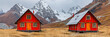 Snowy Landscape with Traditional Norwegian Houses, Arctic Scenery in Svalbard, Cold Winter Travel Destination