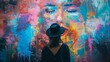 A person face obscured by a widebrimmed hat stands in front of a gigantic spraypainted mural. body language conveys a . .