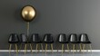 A row of uniform black chairs with a striking gold chair standing out, adorned with a balloon, symbolizing uniqueness and the concept of making a distinct choice.


