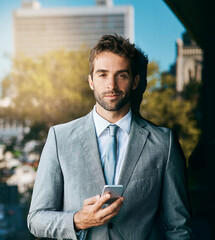 Poster - Corporate, smile and portrait of businessman with smartphone for networking, reading email or news. Lens flare, professional and person with mobile for texting, browsing internet or social media